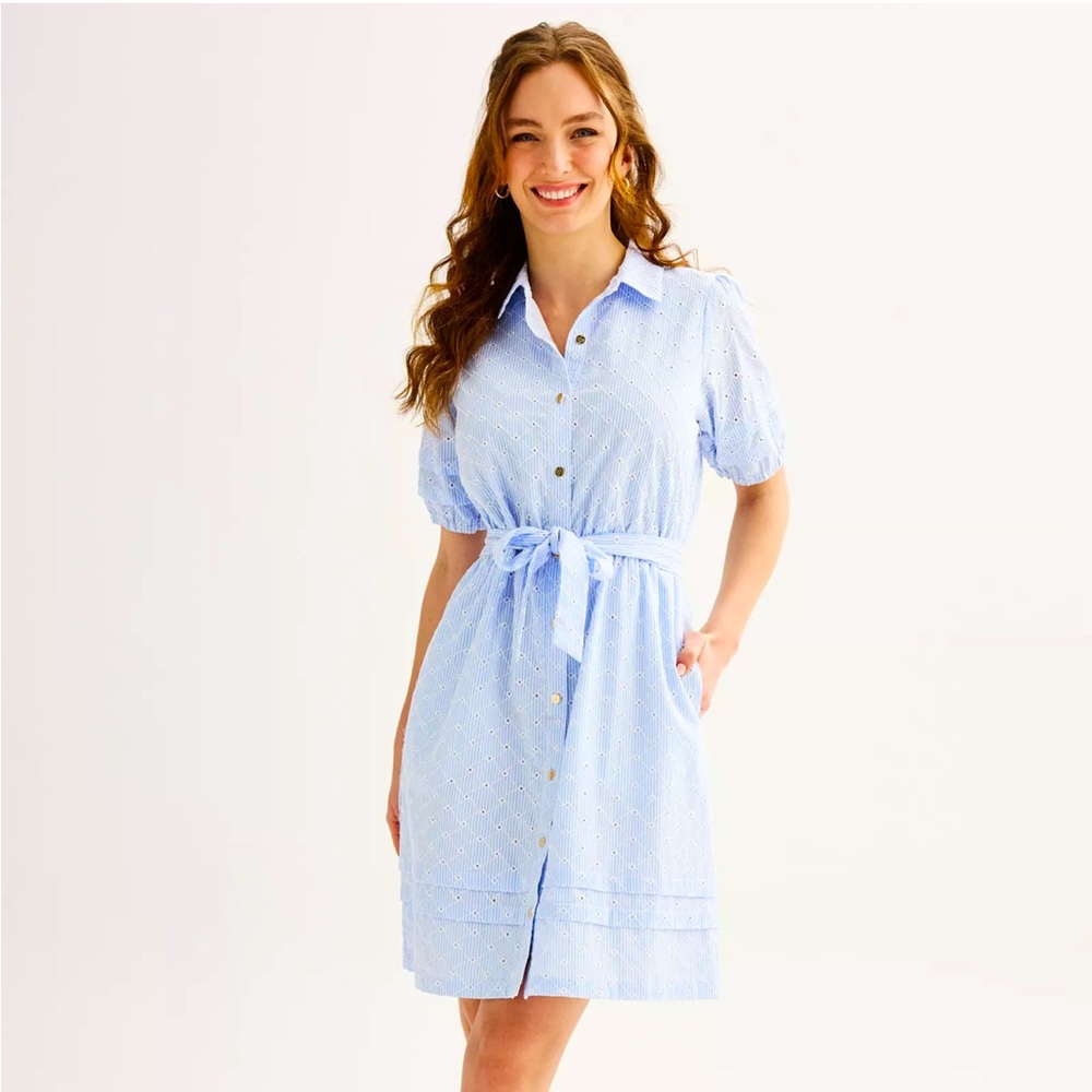 NWT Draper James RSVP puff sleeve blue eyelet shirt dress sz Small - Picture 3 of 15